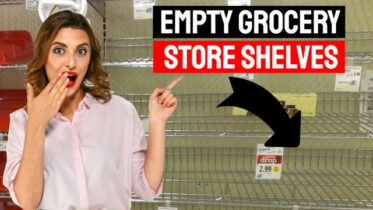 A woman shows shock when pointing to empty grocery store shelves.