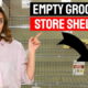 A woman shows shock when pointing to empty grocery store shelves.