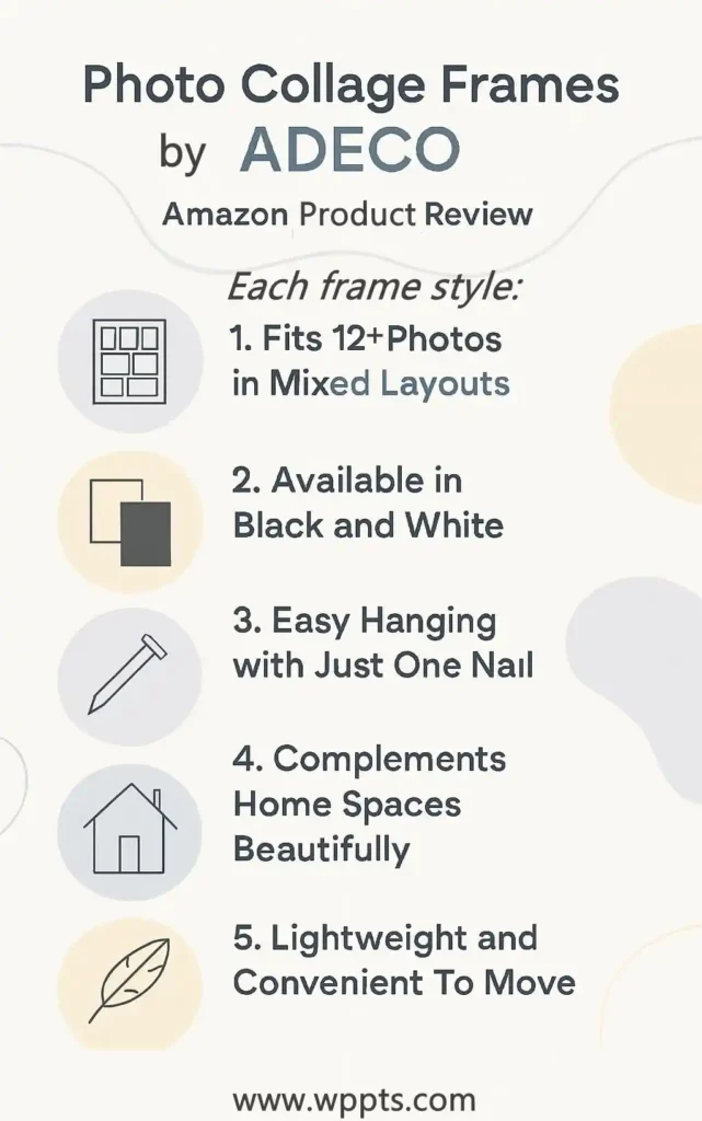 Infographic about photo collage frames showing benefits of the ADECO brand Amazon Products.