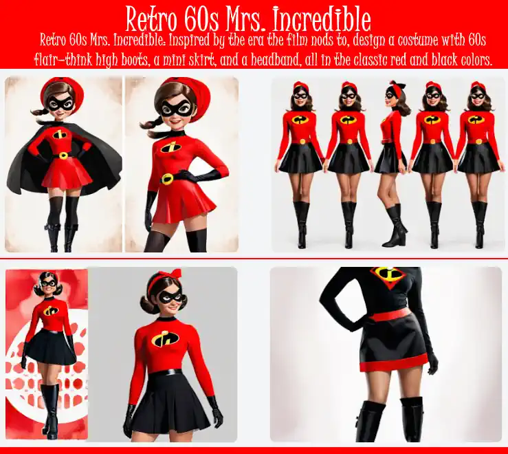 Illustration shows our idea for a retro 1960s Mrs. Incredible costume.