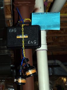 Tesing for Radon Gas: A basement radon test in progress to assess the radon risk in a home.