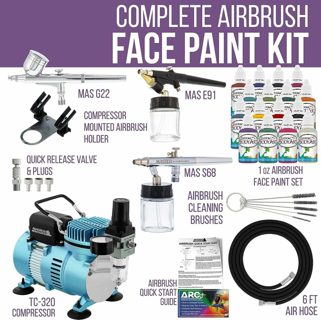 Master Airbrush Professional Airbrushing System Kit - 3 Airbrushes, 16 Color Water-Based Face Body Art Paint Set, Cool Runner II Dual Fan Air Compressor - Washable Temporary Tattoo, How to Guide