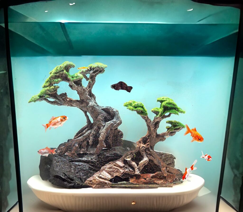 Novelsite Fish Tank Decor- Bonsai Trees with Faux Moss- Aquarium Rocks Aquascaping- Made of Sandstone, 7 x11 inches