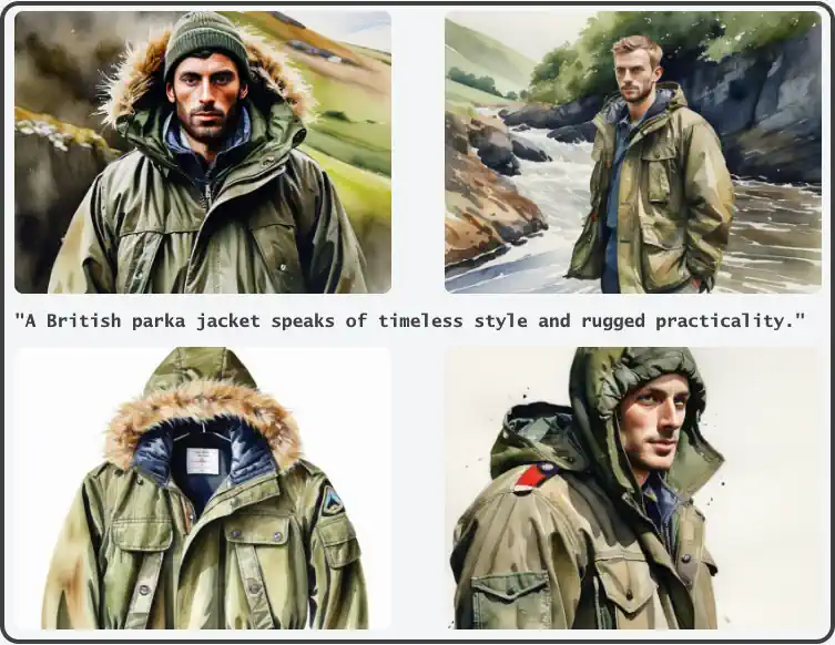 British military parkas collage with the text: "A British parka jacket speaks of timeless style and rugged practicality."