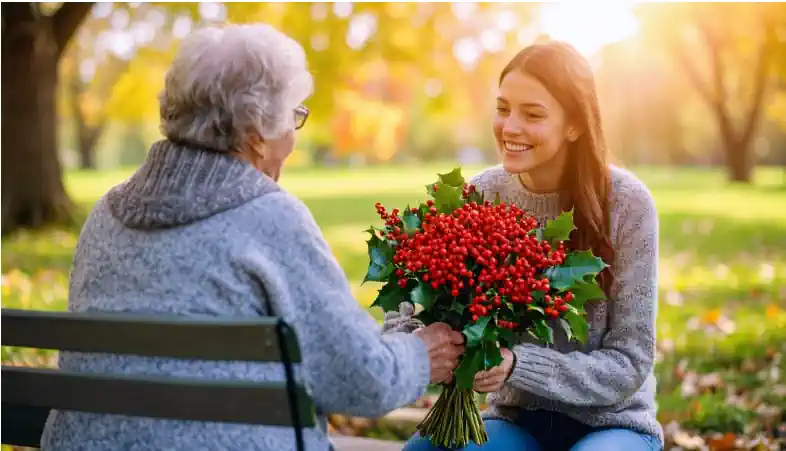 A young woman presents a bouquet of the red berries resulting from the pollination of holly flowers, to an elderly lady.