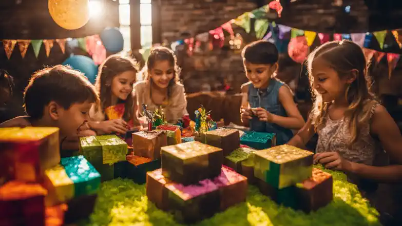 Children enjoying a Minecraft-themed party are about to open their presents: Guess what?