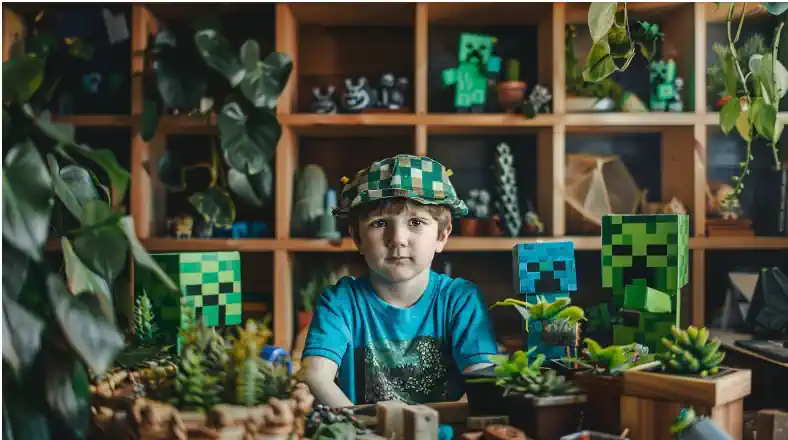 A child in a Minecraft costume surrounded by themed decorations.