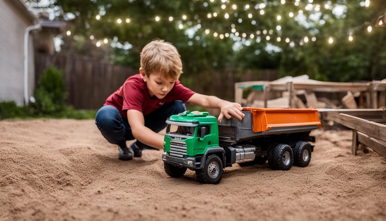 A young boy playing with Matchbox Garbage King XL truck in backyard.