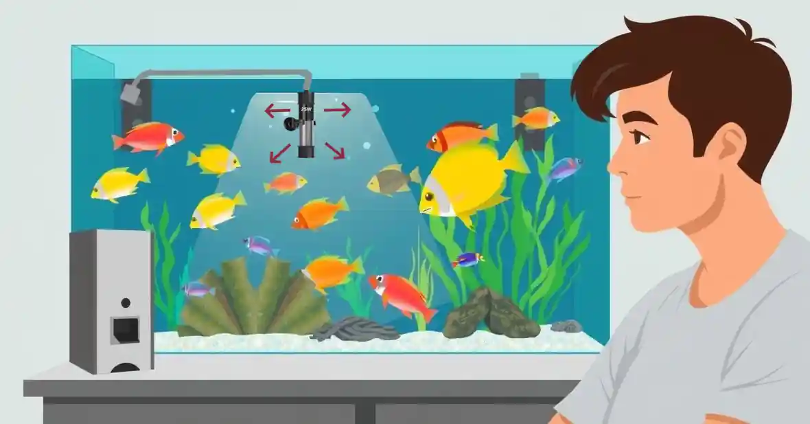 A 25W fish tank heater maintains comfortable water temperature for tropical fish.