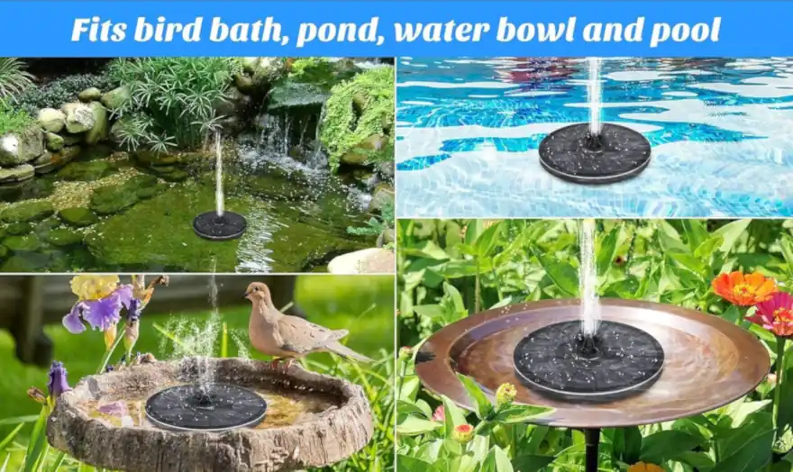 Small solar powered floating pond aerator fountains.