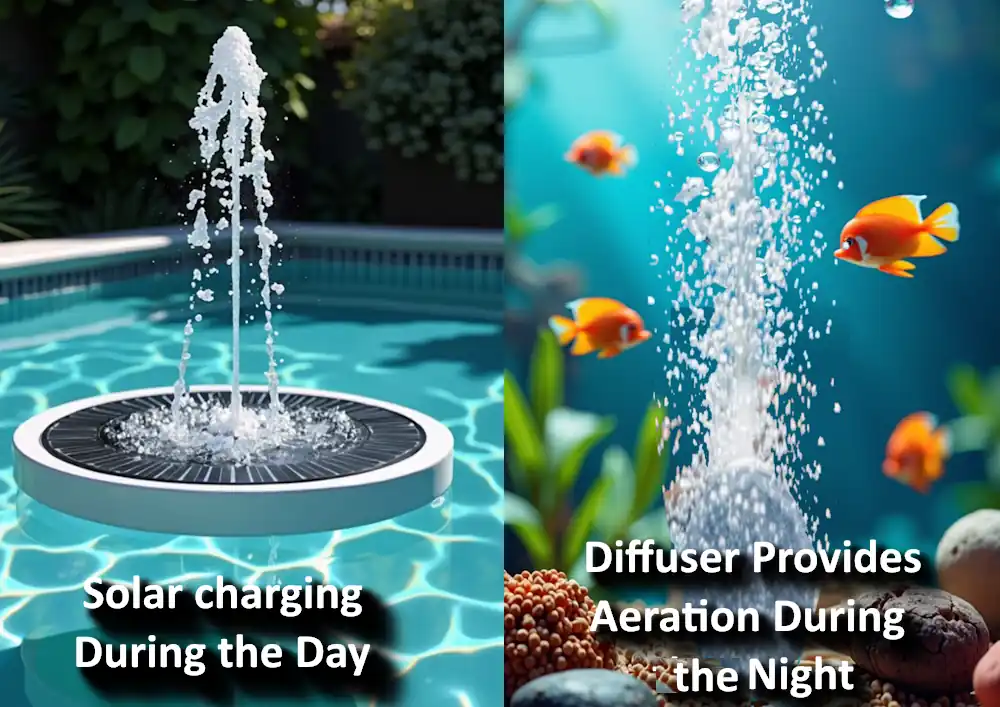 A solar floating pond aerator fountain infographic.