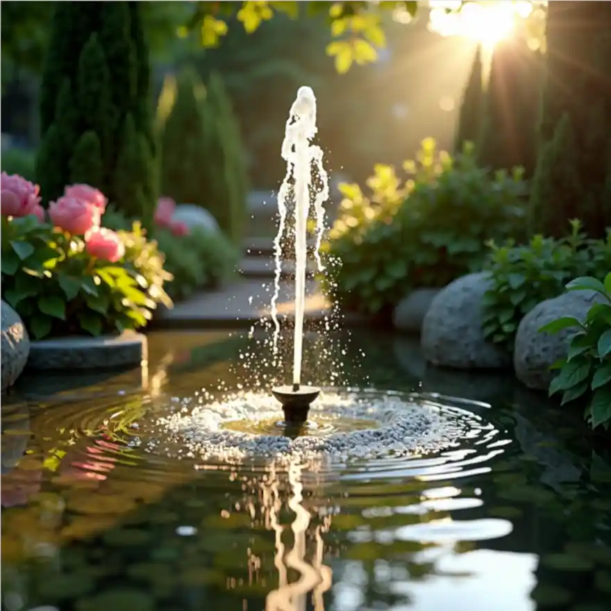 Small garden externally mounted solar floating pond aerator fountain.