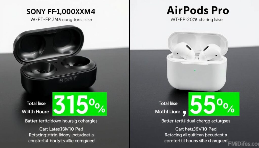 Battery life comparison between Sony WF-1000XM4 vs AirPods Pro showing charging cases