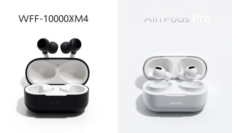 Sony WF-1000XM4 vs AirPods Pro comparison showing both earbuds side by side