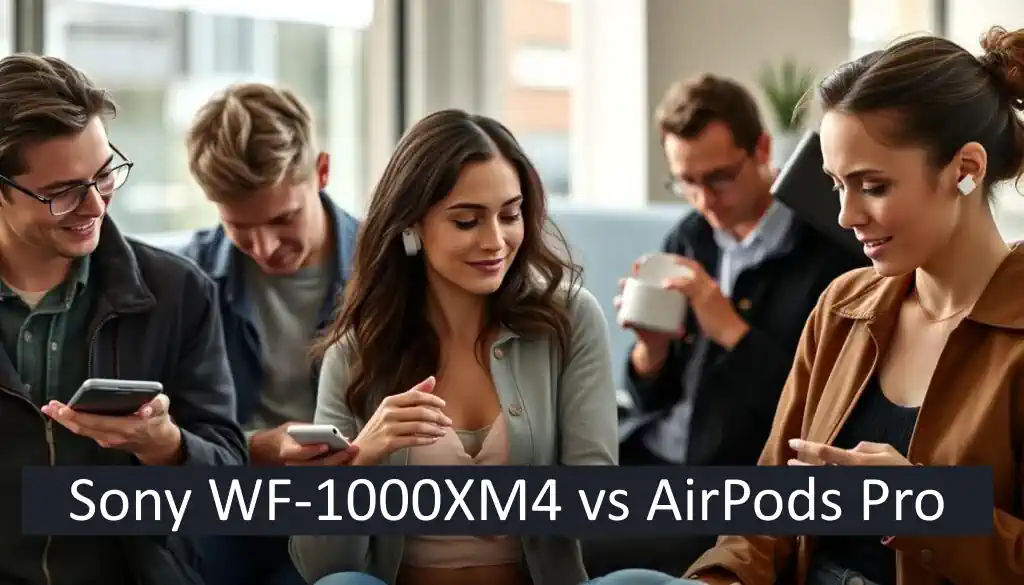 Sony WF-1000XM4 vs AirPods Pro comparison showing both products in use