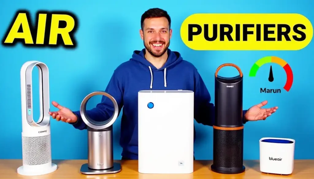 A guy stand behind a selection of home air purifiers of the best air purifiers