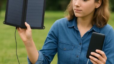 A woman introduces our article on Portable solar chargers versus battery bank chargers.