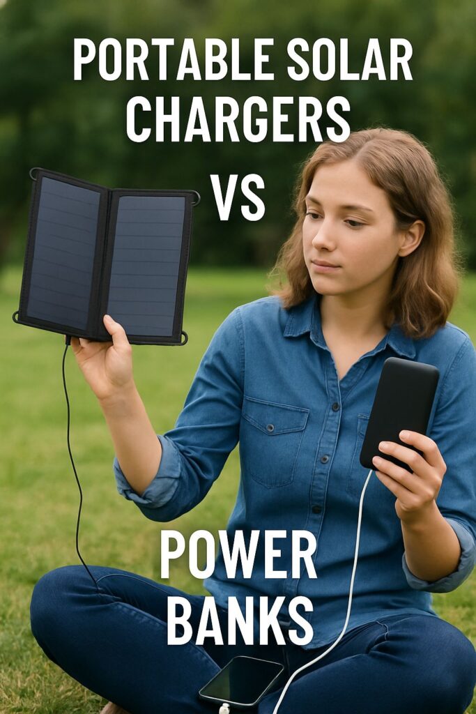 A woman introduces our article on Portable solar chargers versus battery power bank chargers. A woman introduces our article on Portable solar chargers versus battery power bank chargers.