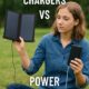 A woman introduces our article on Portable solar chargers versus battery bank chargers.