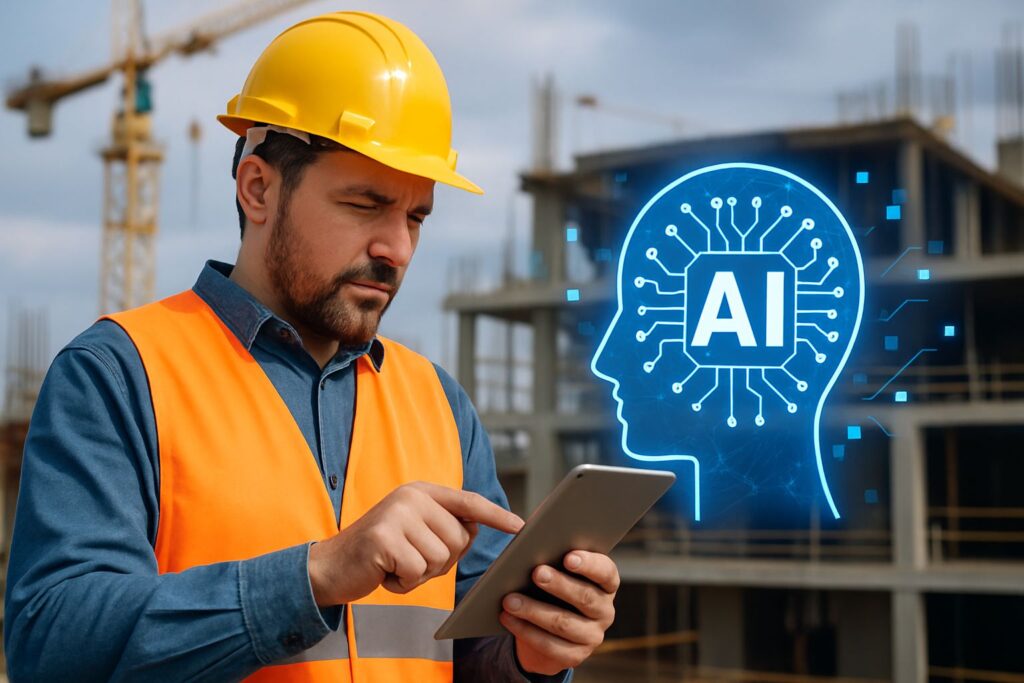 A construction site manager use AI on his device.