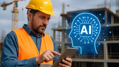 A construction site manager use AI on his device.