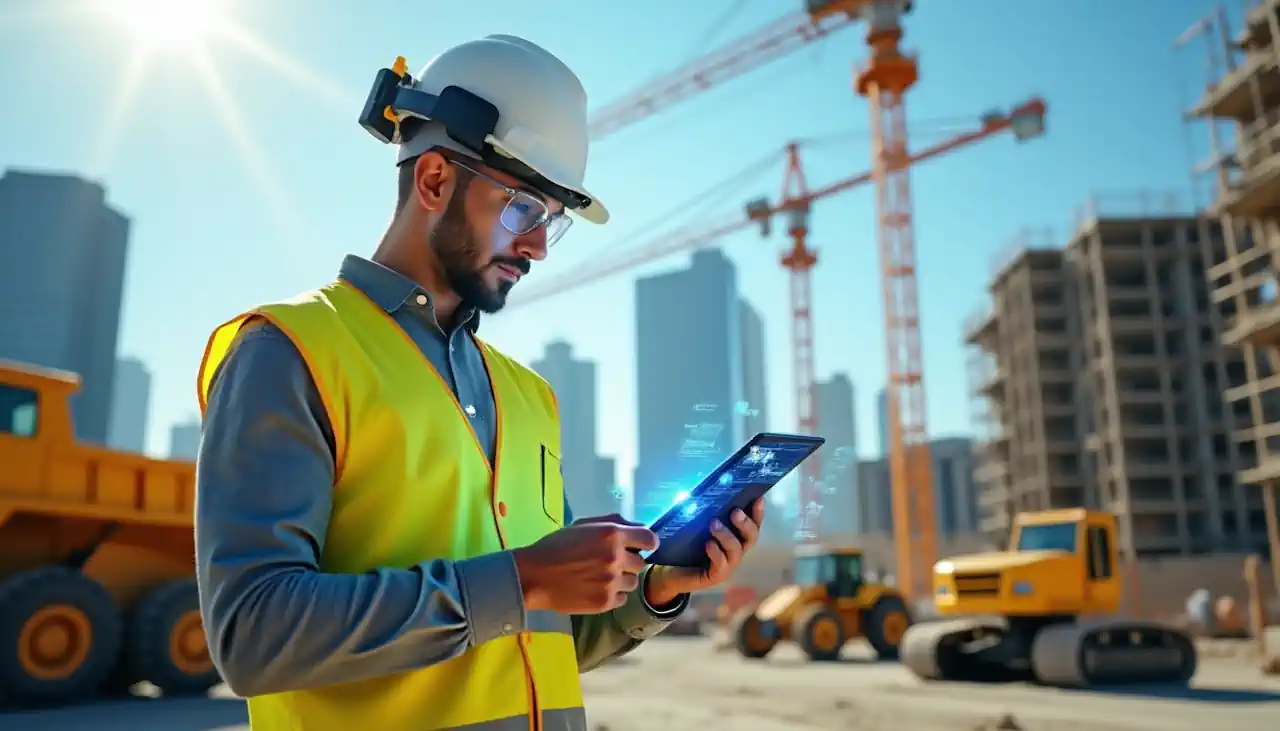 A construction engineer works on a device on the site.