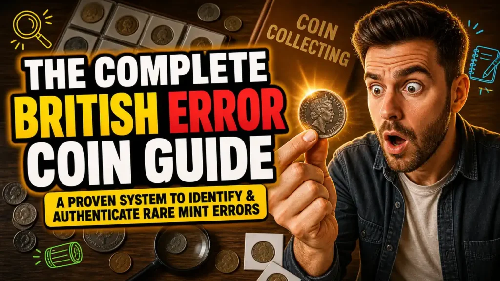 Image with the text: The Complete British Error Coin Guide Identify Authenticate Rare Mint Errors.