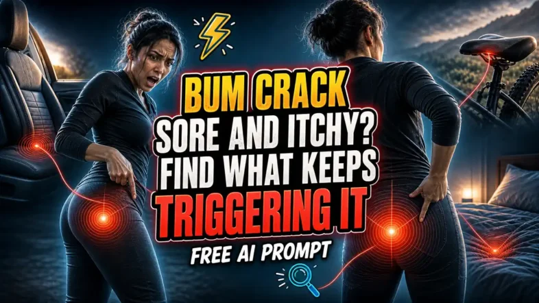 Image with the text: Top of Bum Crack Sore and Itchy Find What Keeps Triggering It - Free AI Prompt.